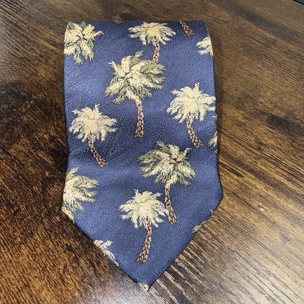 Tango Novelty Men's Neck Tie Palm Trees Island Tropical Hawaiian Silk Navy Blue
